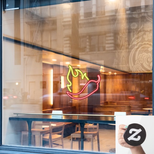 Faux Neon Red Chilli Pepper Yellow Flame Window Cling (Cafe Window)