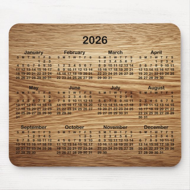 Faux Oak Wood 2026 Calendar Mouse Mat (Front)