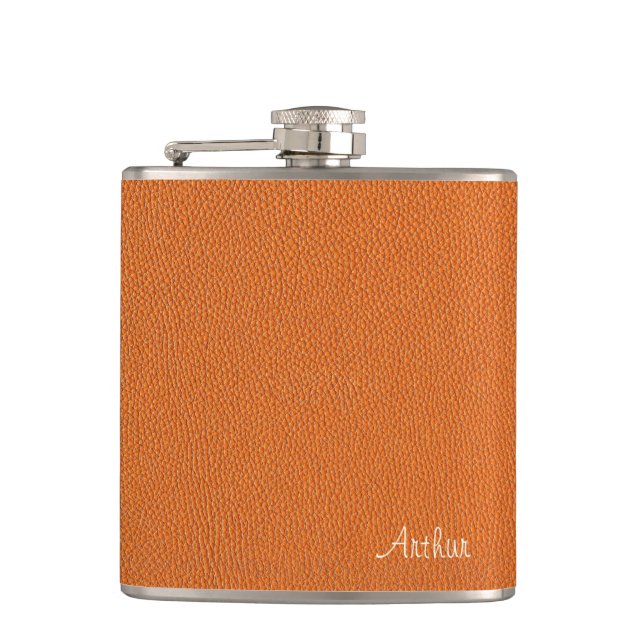 Faux Orange Leather Hip Flask (Front)