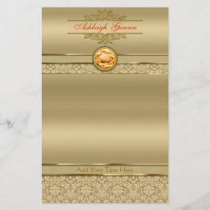 Faux Orange Topaz Gemstone Metallic Gold Damask Stationery