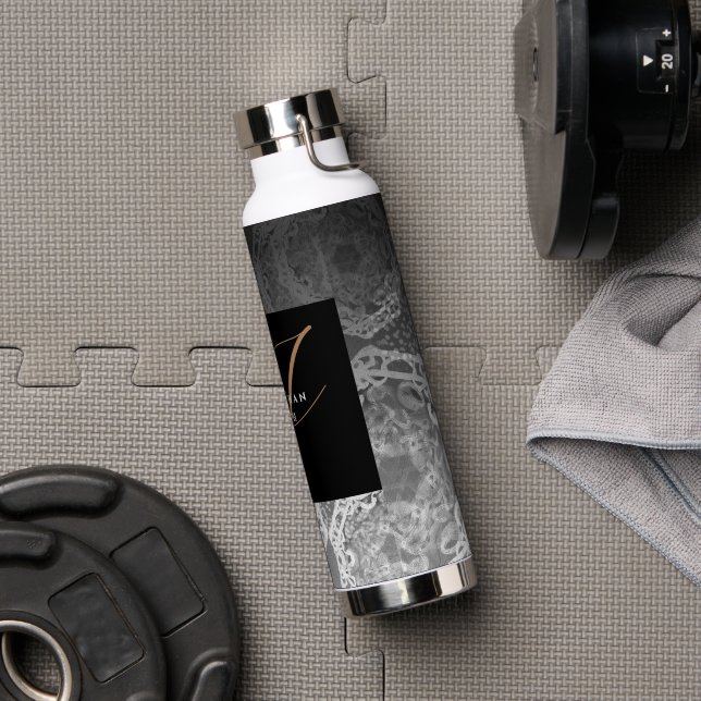 Faux Ornamental Silver and Black Gold Monogrammed Water Bottle (Gym)