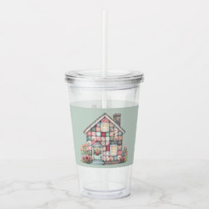 Faux Patchwork Cottagecore Floral House Acrylic Tumbler