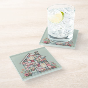 Faux Patchwork Cottagecore Floral House Glass Coaster