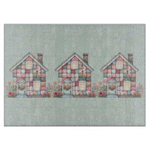 Faux Patchwork Cottagecore Floral House Row Cutting Board