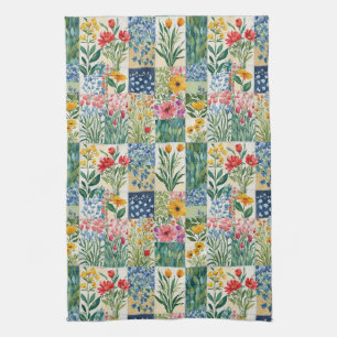 Faux Patchwork Garden Flowers Retro Elegant Pretty Tea Towel