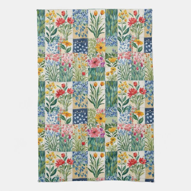 Faux Patchwork Garden Flowers Retro Elegant Pretty Tea Towel (Vertical)