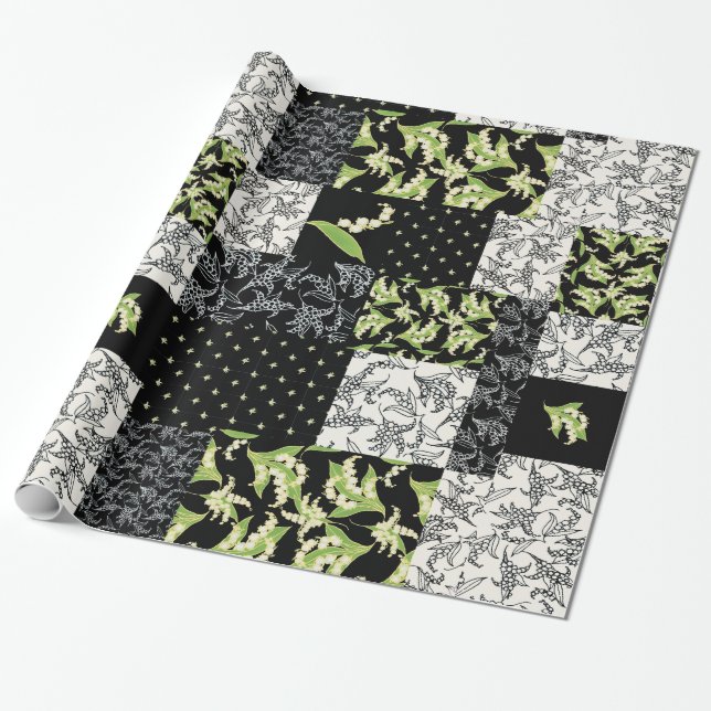 Faux Patchwork Giftwrap: Lily of the Valley, Black Wrapping Paper (Unrolled)