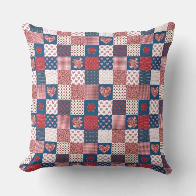 Faux-Patchwork, Hearts, Roses, Polkas, Checks Cushion (Front)