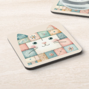 Faux Patchwork Pastel Cottage Kitty Face Coaster