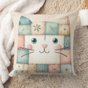Faux Patchwork Pastel Cottage Kitty Face Cushion