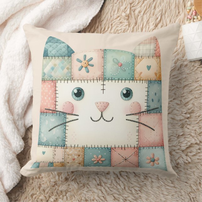 Faux Patchwork Pastel Cottage Kitty Face Cushion (Blanket)