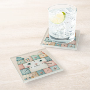 Faux Patchwork Pastel Cottage Kitty Face Glass Coaster