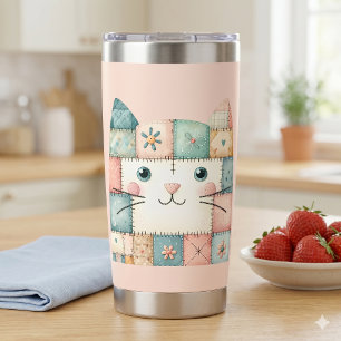 Faux Patchwork Pastel Cottage Kitty Face Pink Insulated Tumbler