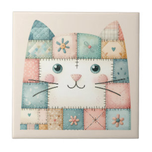 Faux Patchwork Pastel Cottage Kitty Face Tile