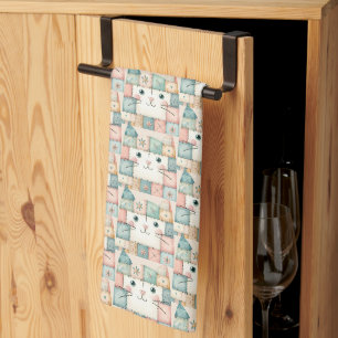 Faux Patchwork Pastel Kitty Cottage Tea Towel