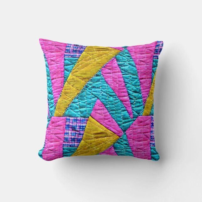 Faux Patchwork Pink Yellow Blue Cushion (Front)