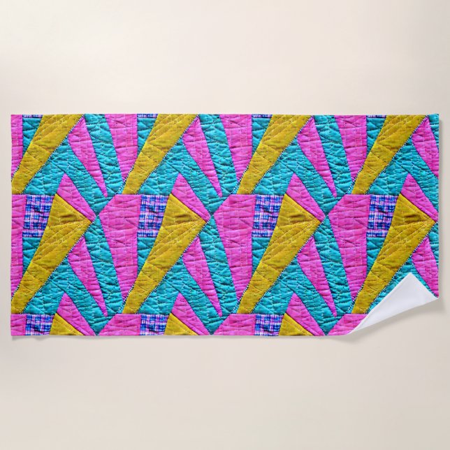 Faux Patchwork Quilt Inspired Boho Trompe L'oeil  Beach Towel (Front)