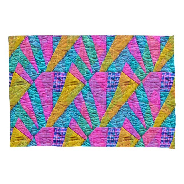Faux Patchwork Quilt Inspired Boho Trompe L'oeil Pillowcase (Front)