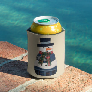 Faux Patchwork Snowman Holiday Xmas Can Cooler