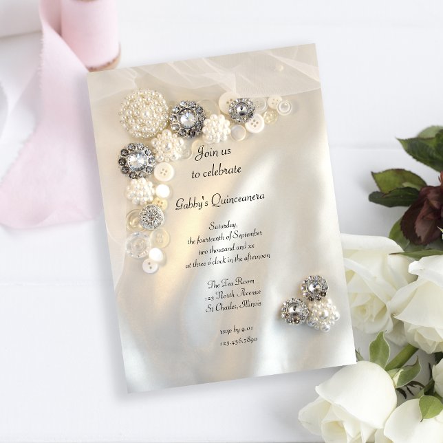 Faux Pearl and Diamond Buttons Quinceañera Party Invitation (Creator Uploaded)