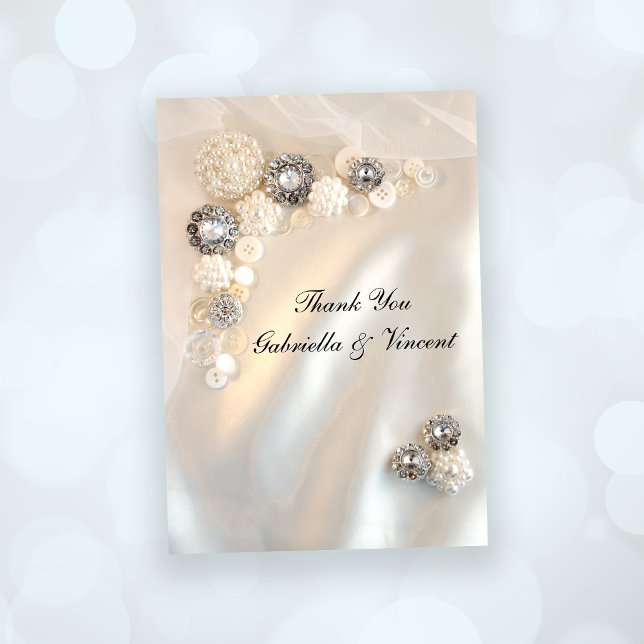 Faux Pearl and Diamond Buttons Wedding Thank You Card (Creator Uploaded)