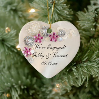 Faux Pearl and Pink Diamond Buttons Engagement Ceramic Tree Decoration
