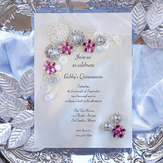 Faux Pearls Pink Diamond Buttons Quinceañera Party Invitation