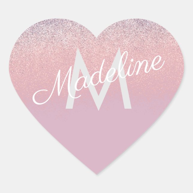 Faux Pink and Purple Sparkly Glitter Monogrammed  Heart Sticker (Front)