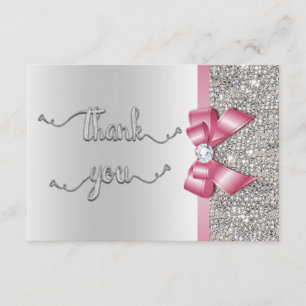 Faux Pink Bow Silver Sequins Thank You Wedding Card