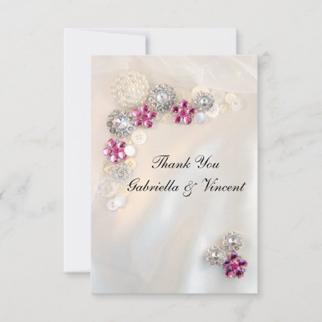 Faux Pink Diamond Pearl Buttons Wedding Thank You Card (Front)