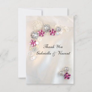 Faux Pink Diamond Pearl Buttons Wedding Thank You Card