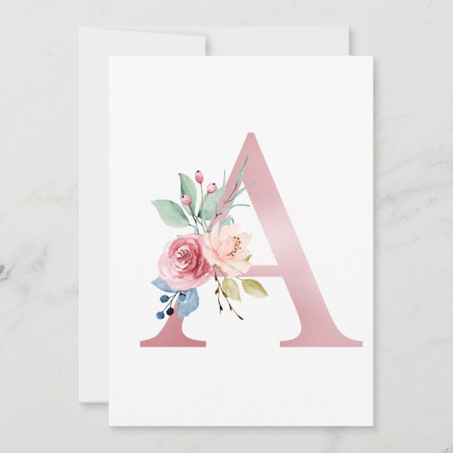 Faux Pink Foil Letter A Blush Floral Monogram Invitation (Front)