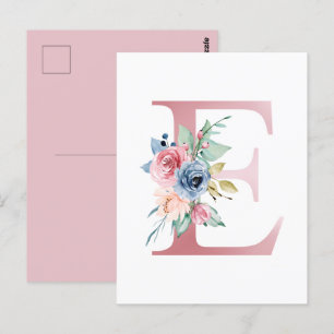 Faux Pink Foil Letter E Blush Floral Monogram Postcard