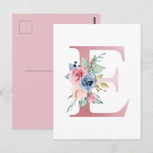 Faux Pink Foil Letter E Blush Floral Monogram Postcard (Front/Back)