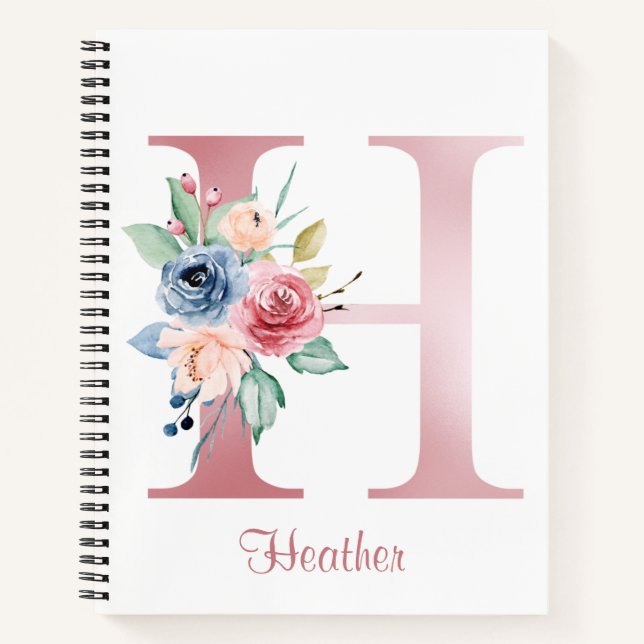 Faux Pink Foil Letter H Blush Floral Monogram Notebook (Front)