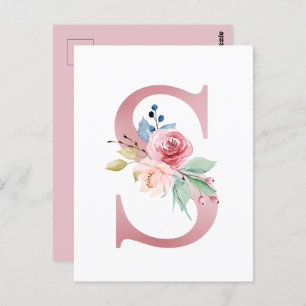 Faux Pink Foil Letter S Blush Floral Monogram Postcard