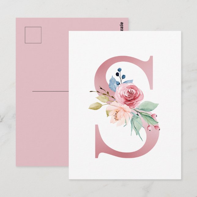 Faux Pink Foil Letter S Blush Floral Monogram Postcard (Front/Back)
