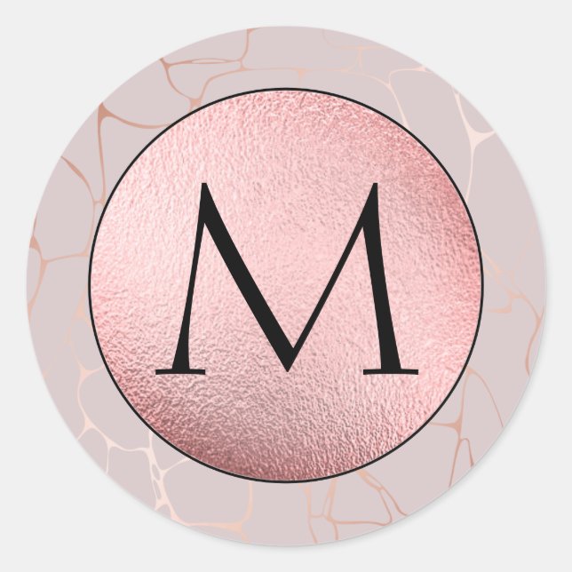 Faux Pink Foil - Rose Gold Marble Monogram Classic Round Sticker (Front)