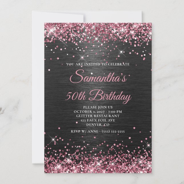 Faux Pink Glitter and Black Foil 50th Birthday Invitation (Front)