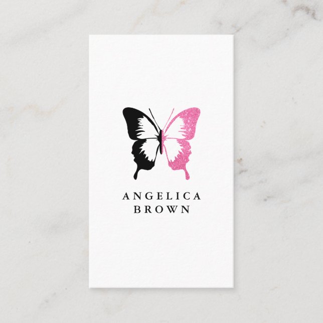 Faux Pink Glitter & Black Butterfly Business Card (Front)