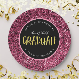 Faux Pink Glitter Graduate Graduation Paper Plate