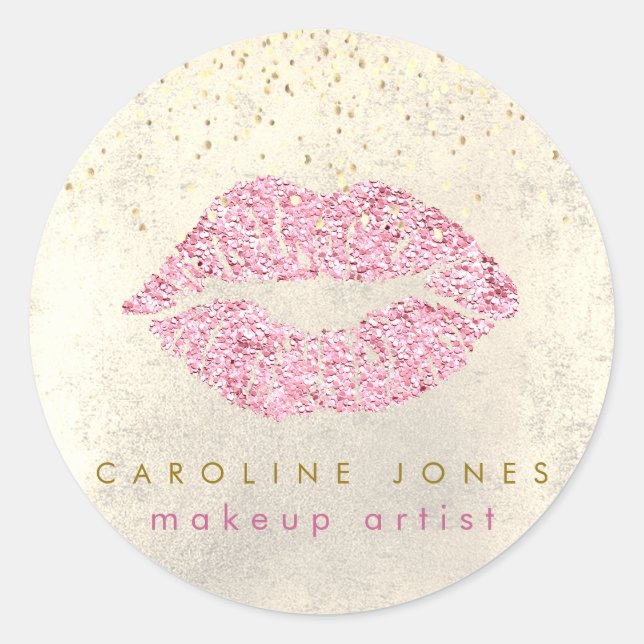 faux pink glitter lips classic round sticker (Front)
