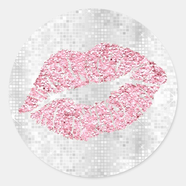 FAUX pink glitter lipstick kiss Classic Round Sticker (Front)