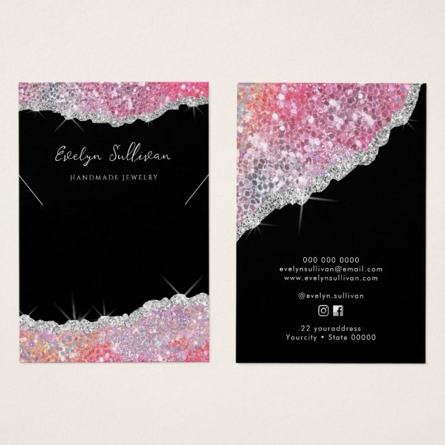 Faux pink glitter necklace display card (Front & Back)