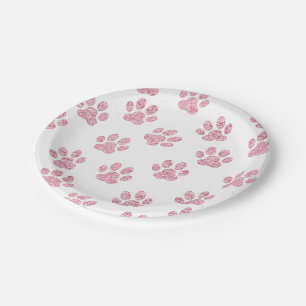 faux pink glitter pet paws pattern paper plate
