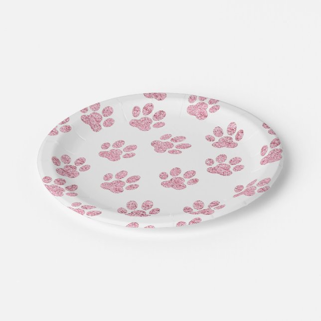 faux pink glitter pet paws pattern paper plate (Angled)