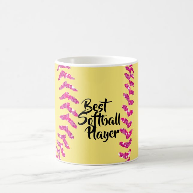 Faux Pink Glitter Softball Stitches Coffee Mug (Center)