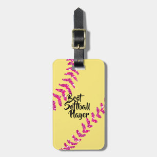 Faux Pink Glitter Softball Stitches Luggage Tag