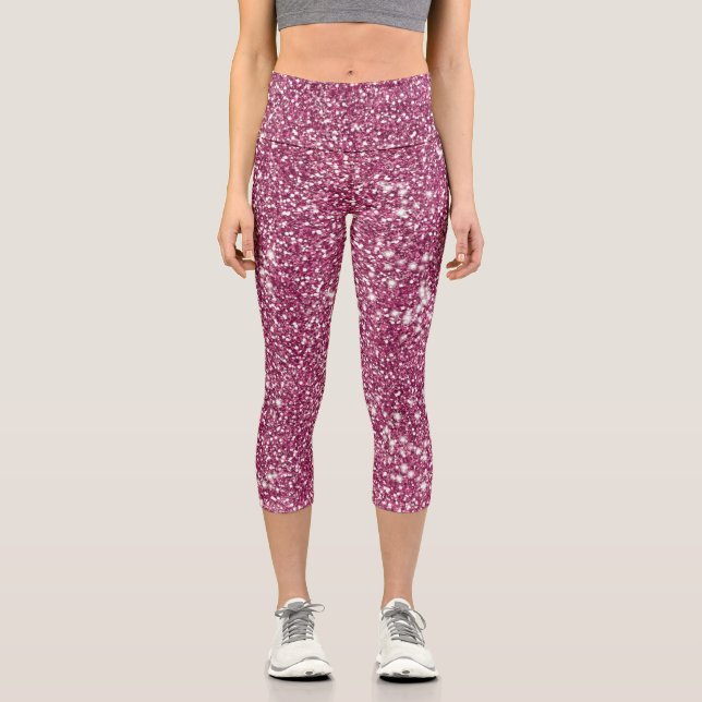 Faux Pink Glitter Texture Look-like Graphic Capri Leggings (Front)
