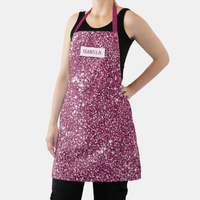 Faux Pink Glitter Texture Look With Custom Name Apron (Insitu)